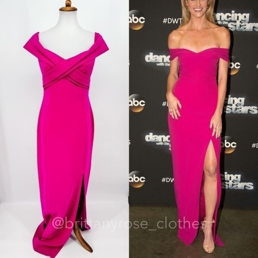 THEIA Fuchsia Off Shoulder Formal Column Full Length Gown with Slit